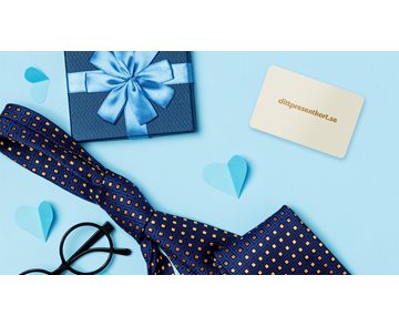 Bild av dittpresentkort på blåbakgrund med slips och glasögon